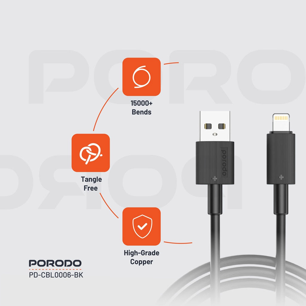 PD-CBL0002-BK , Porodo USB-A to Lightning Durable Charging Cable - Black PD-CBL0002-BK , Porodo USB-A to Lightning Durable Charging Cable - Black